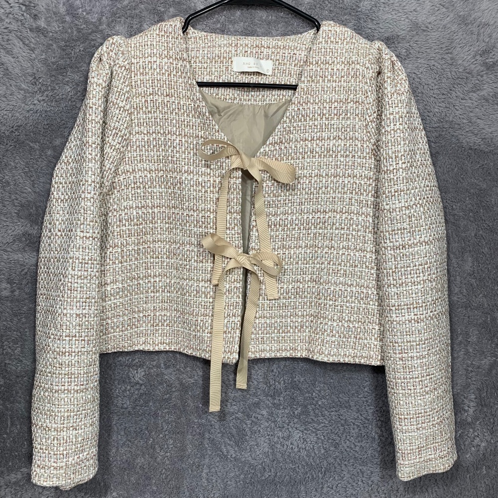 And By L‎ Tweed Jacket Womens Free Size Beige Pink Metallic Tie Front Cropped